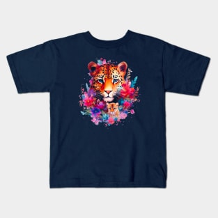 Endangered Amur Leopard and Cub with Floral Aesthetic Kids T-Shirt